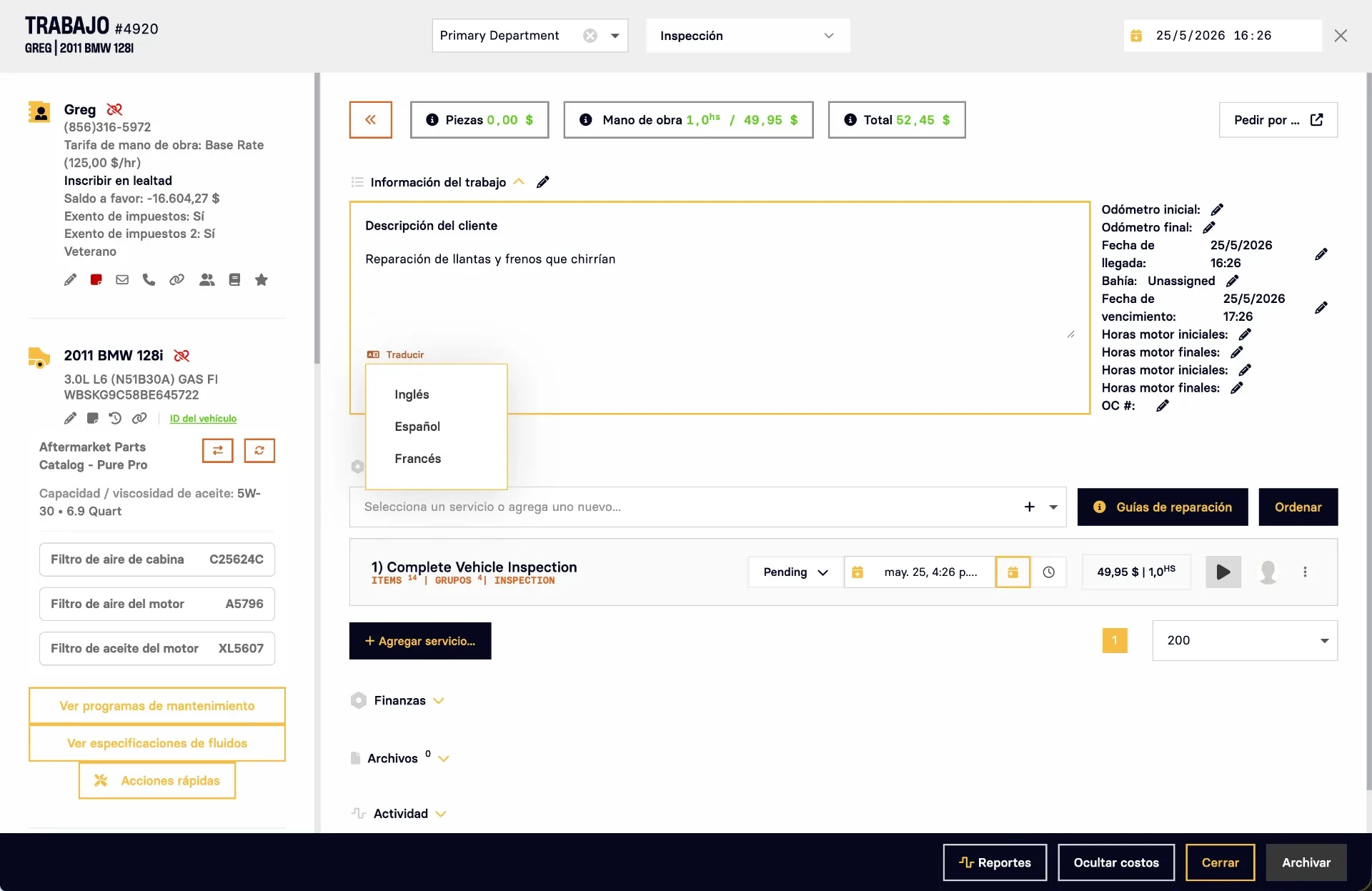 Built-in translate menu on a job in Spanish