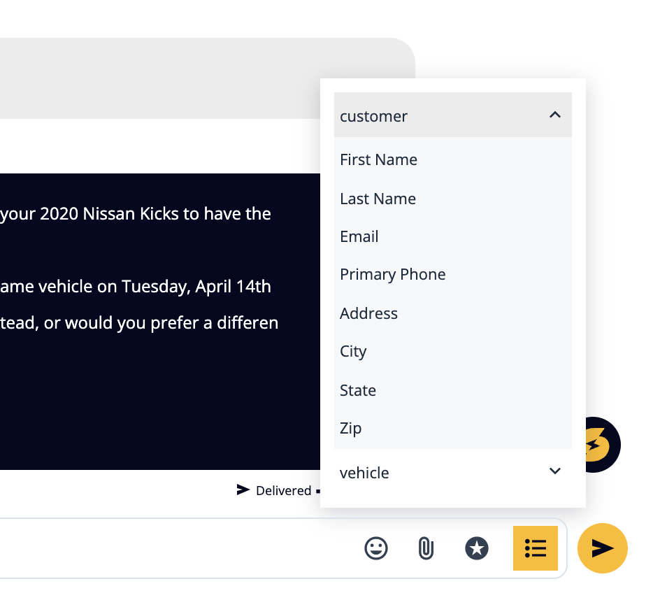 Variable menu with customer first name, last name, email, phone, address and vehicle fields