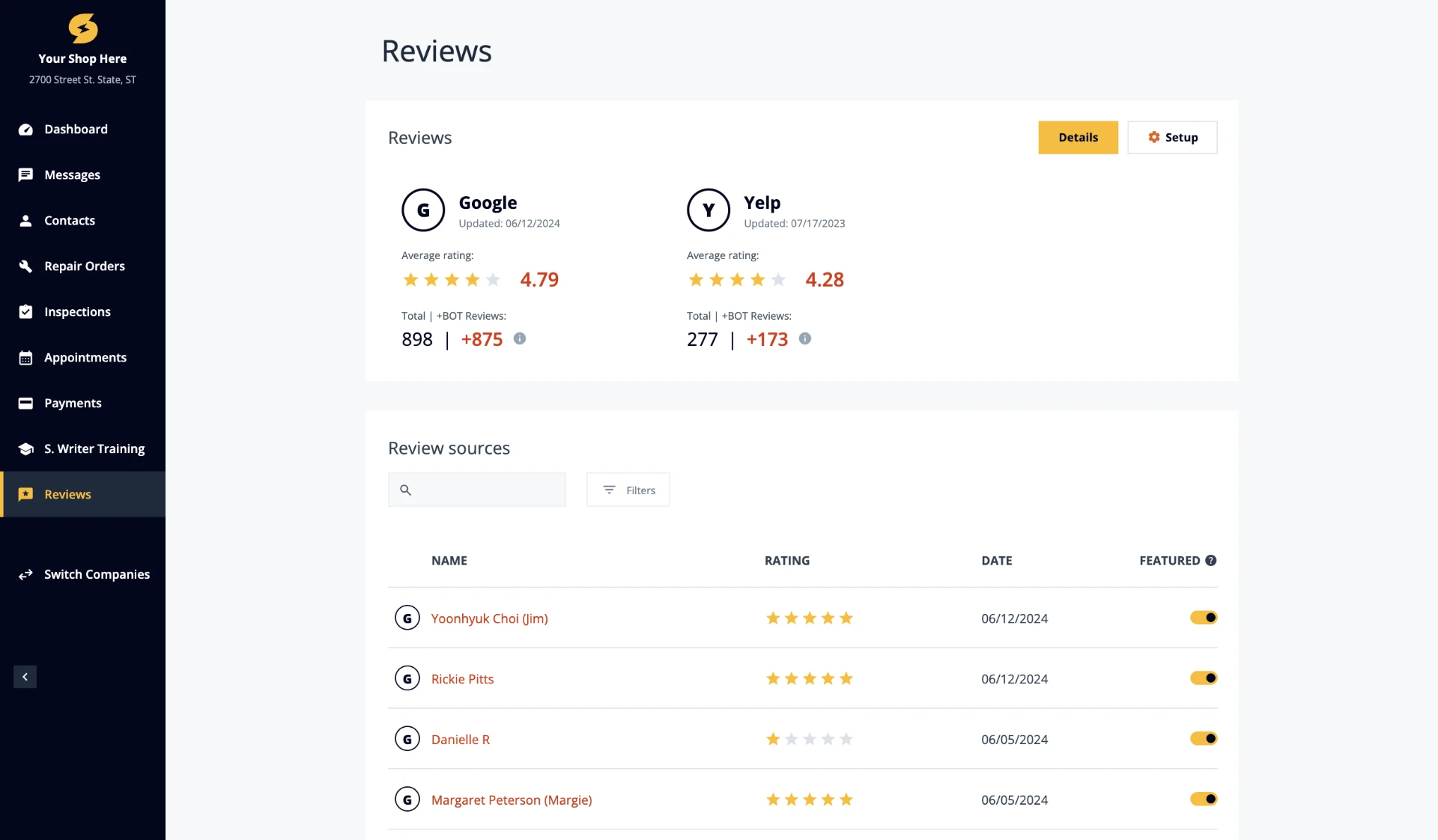 Shop Controller reviews dashboard