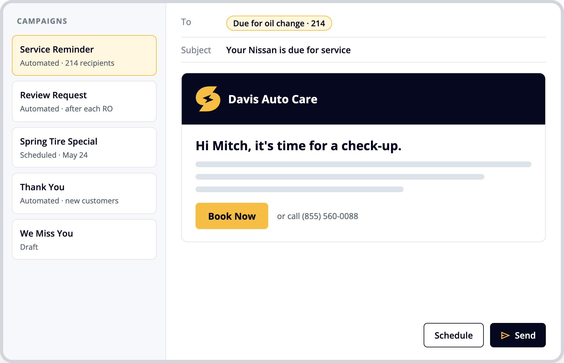 Email campaign builder with a service reminder for customers due for an oil change