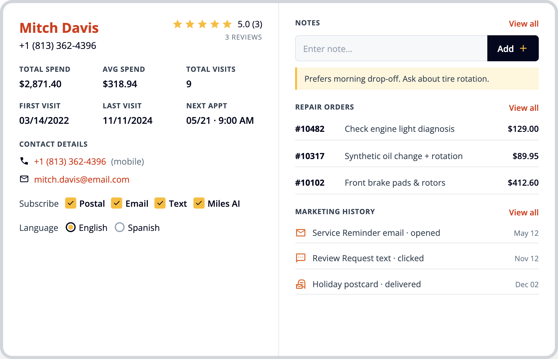 Customer profile with spend, visits, repair orders, notes and marketing history