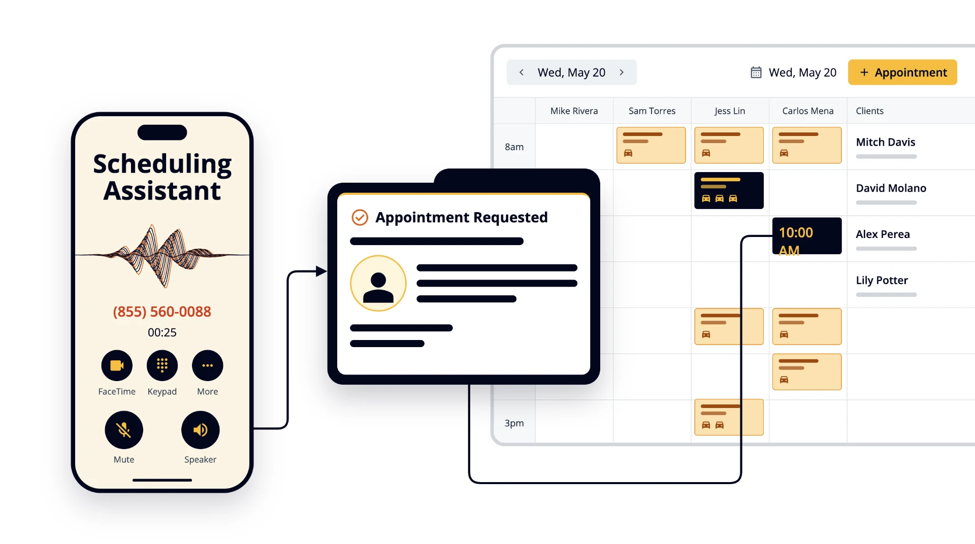 MILES scheduling assistant turning a phone call into a booked appointment