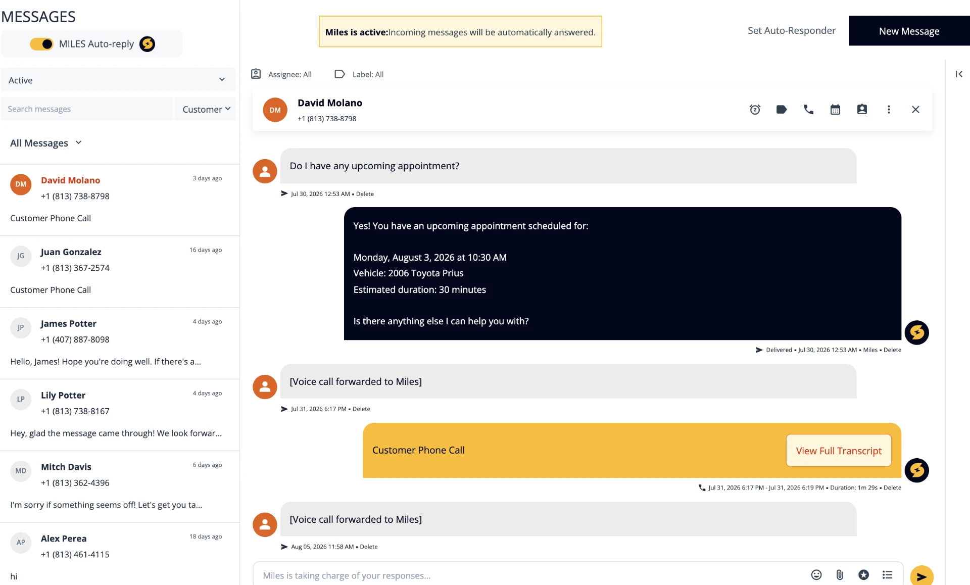 Shop Controller Messages center with MILES auto-reply answering customers