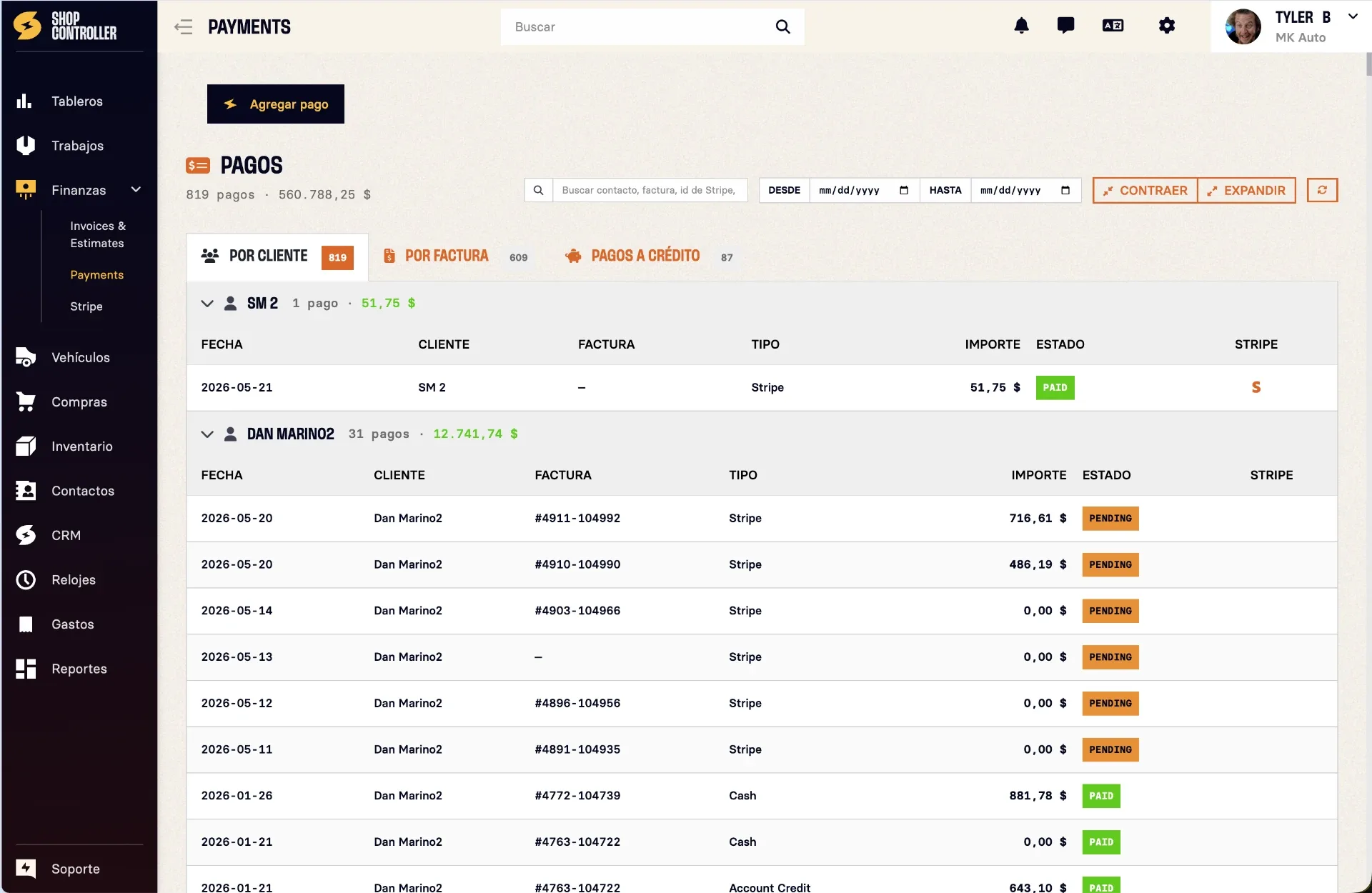 Payments screen in Spanish with customer payments and statuses