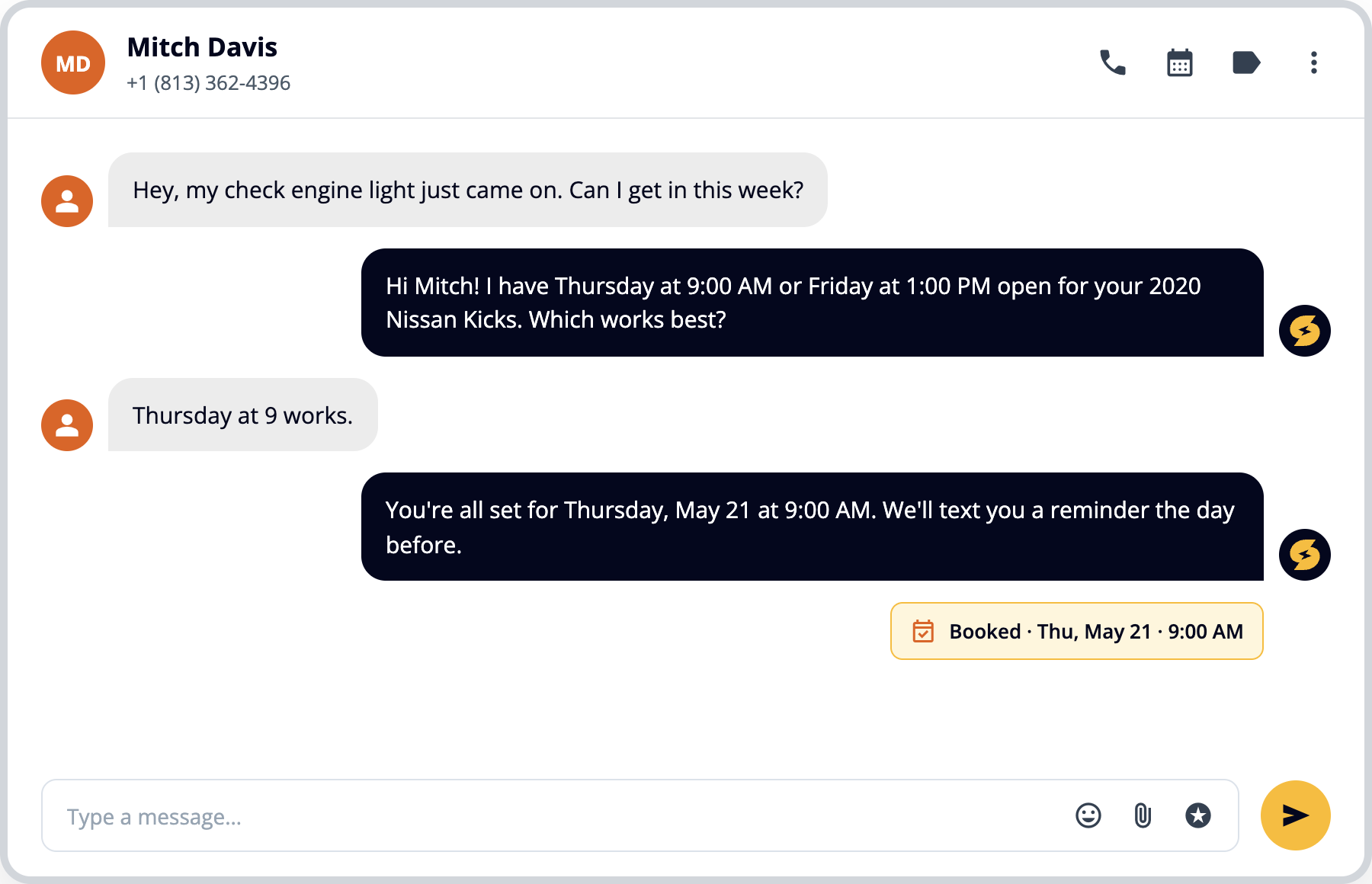 Text conversation where MILES books a check engine light appointment