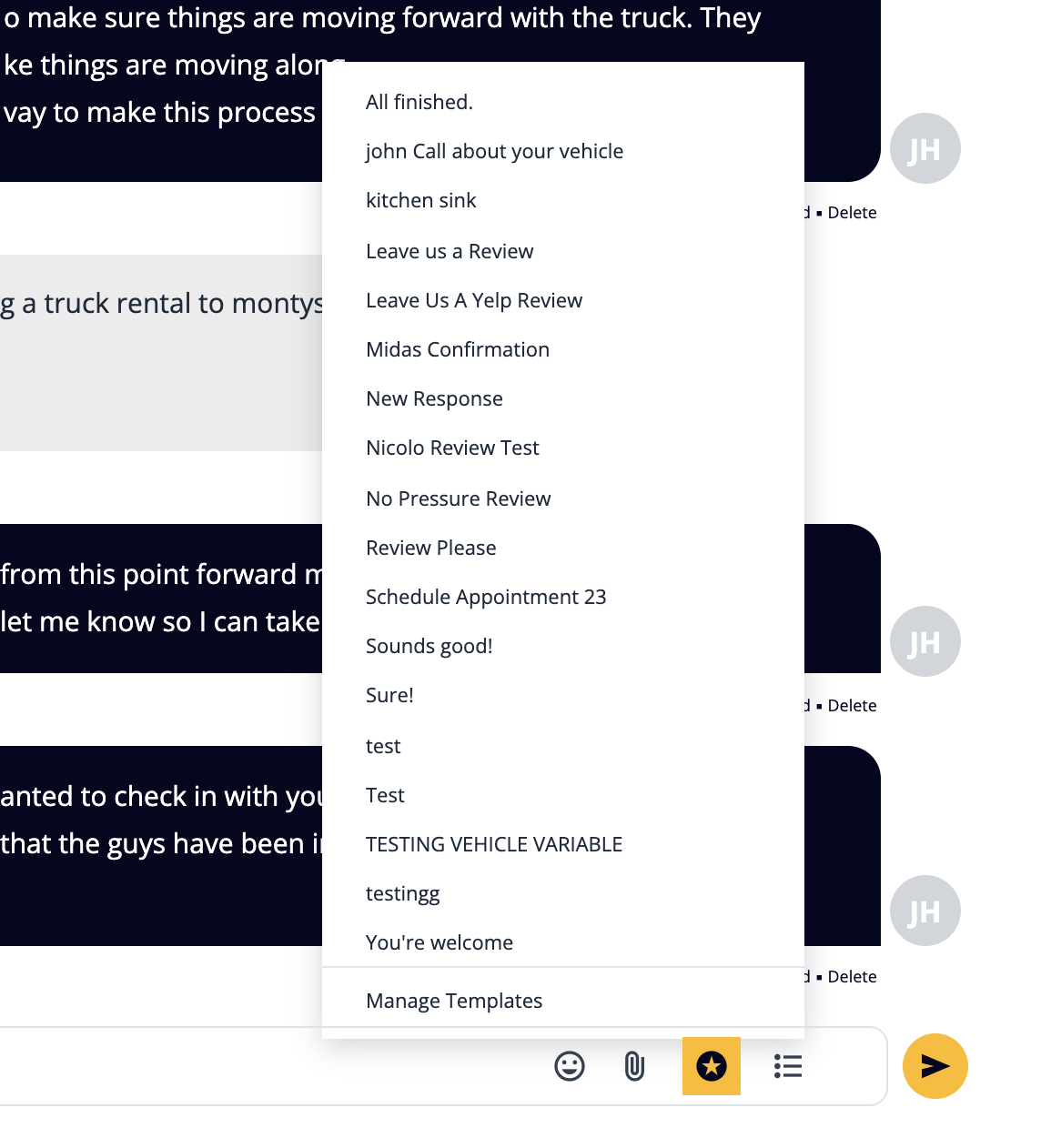 Template menu with saved replies like Leave us a Review, Schedule Appointment and All finished