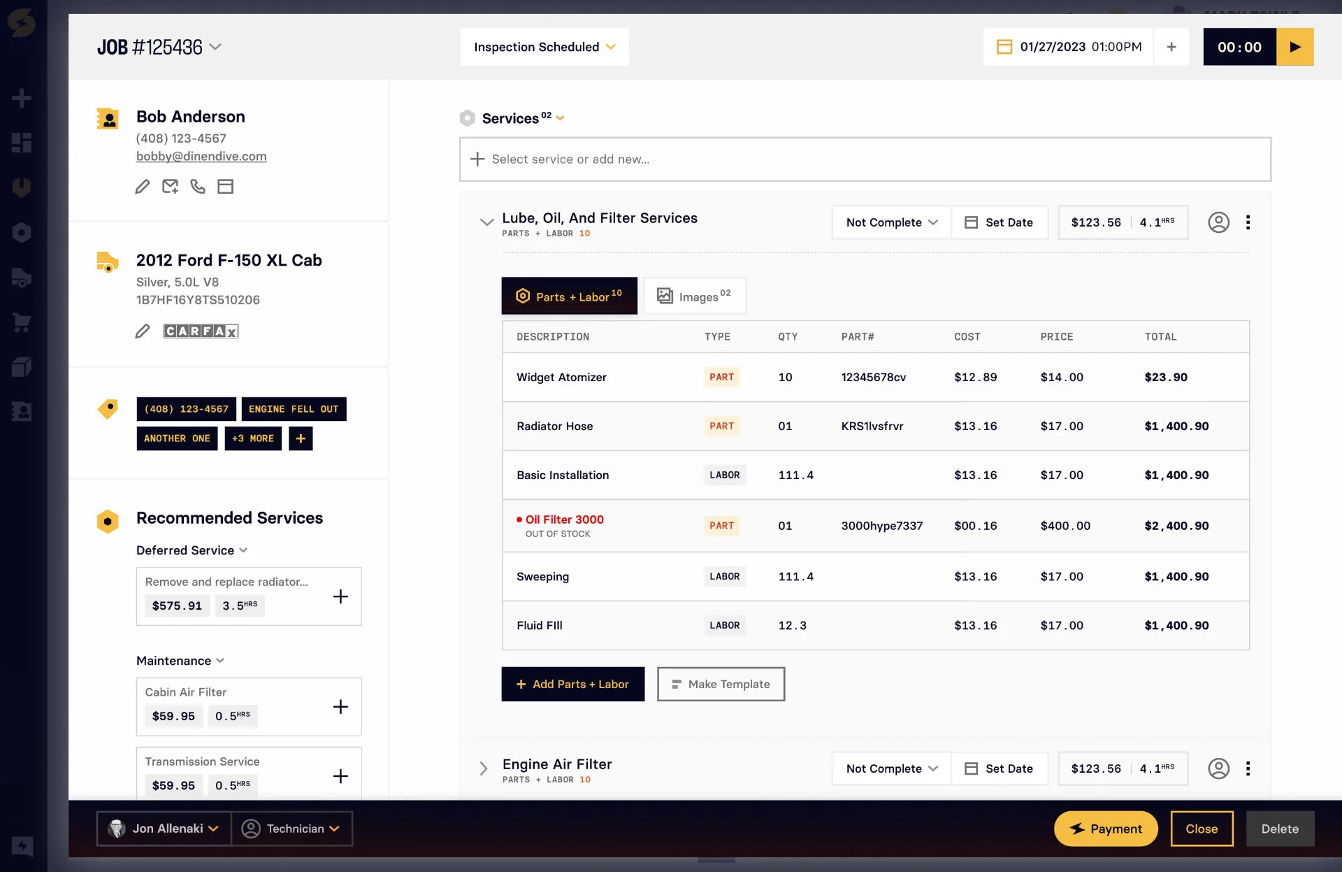 Shop Controller job screen with customer, vehicle, services and financials