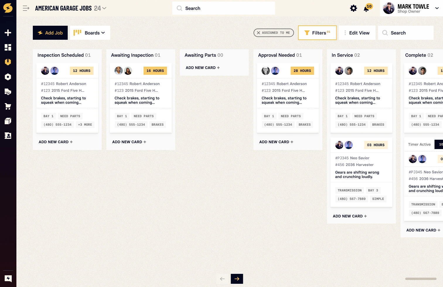 Shop Controller job board with filters and job cards by status