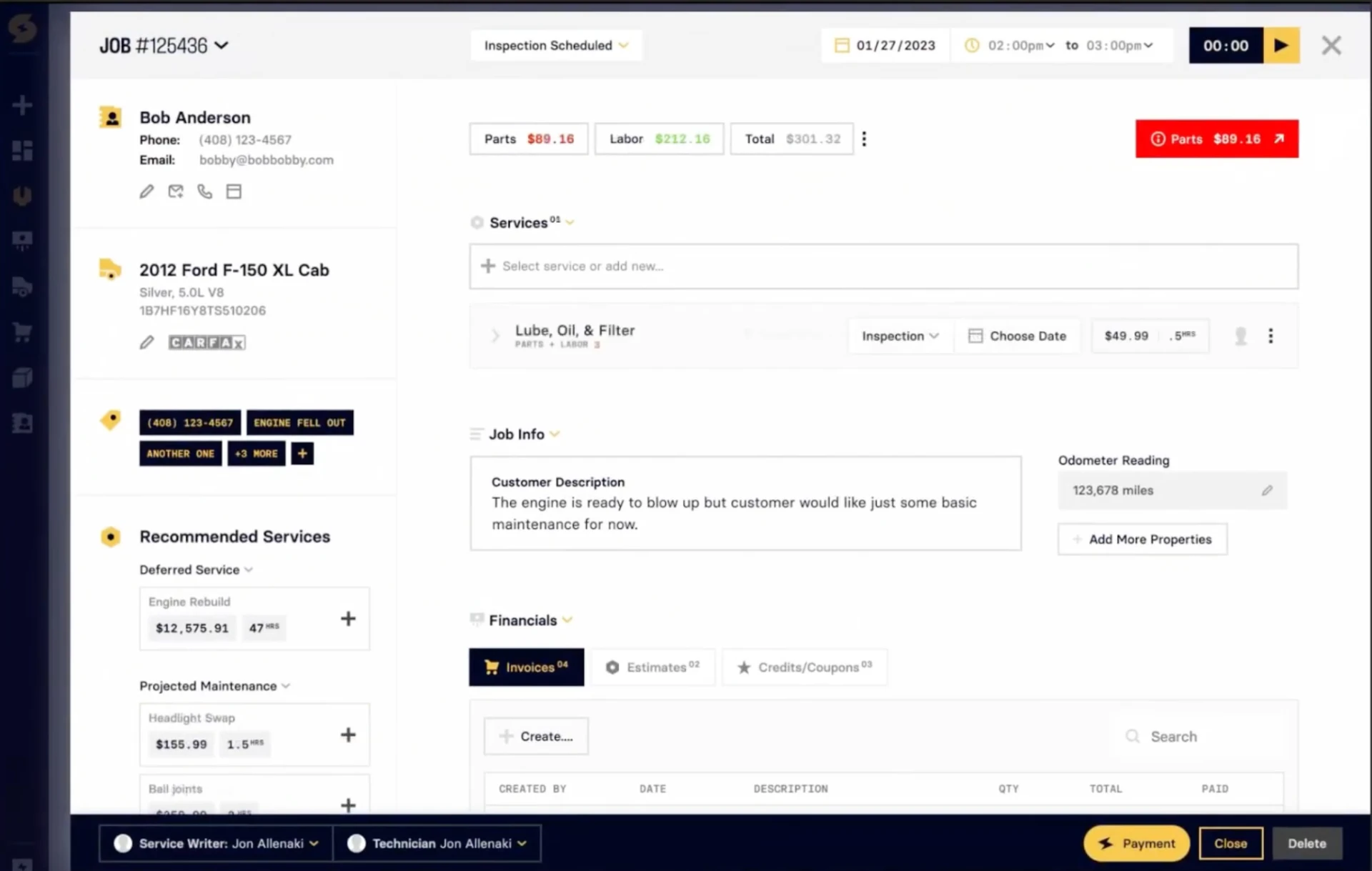 Shop Controller job view with services, job info, recommended services and financials