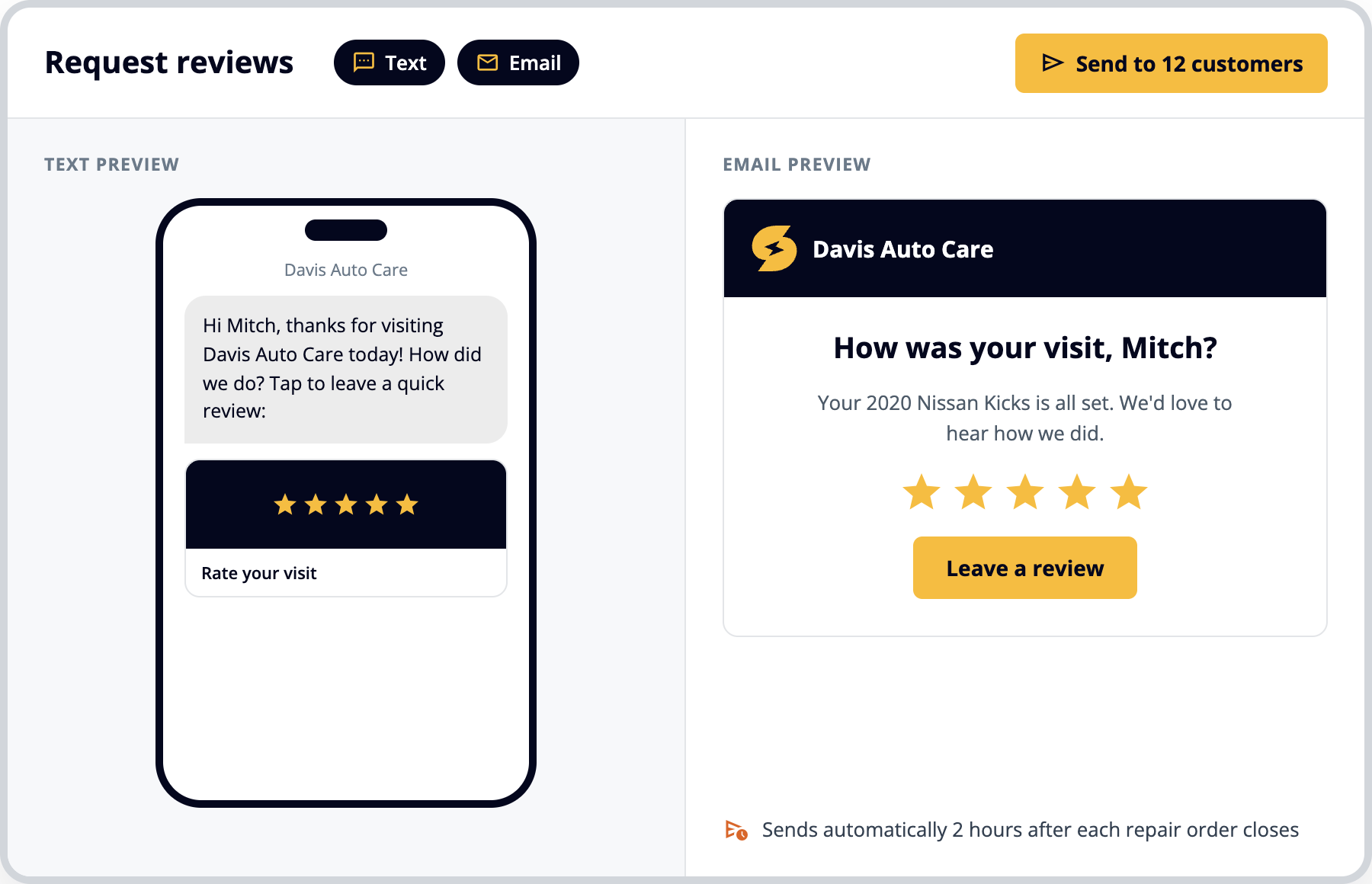 Review request sent to a customer