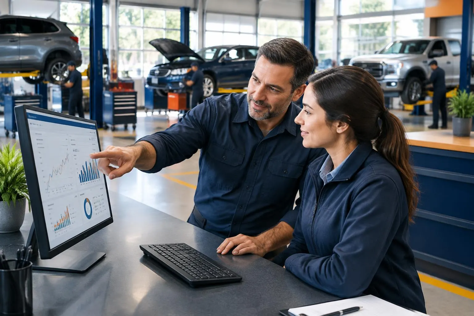 Auto repair shop leaders reviewing performance reporting at a service counter